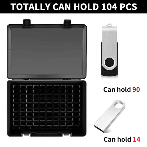 Boss Grade Slick USB Flash Drive Case With A Legit 104 Slot Layout For Organizing Your Thumb Drives With 90 slots visible.