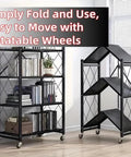 4 Tier Foldable Metal Storage Rack With Lockable Wheels in setup and folded positions, ideal for kitchen and home use