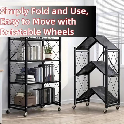 4 Tier Foldable Metal Storage Rack With Lockable Wheels in setup and folded positions, ideal for kitchen and home use
