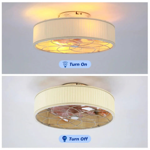 Yunstore mathishome Fabric-Style Bladeless Ceiling Fan with Remote Control (Bulb Not Included), shown on and off, illuminating matte black design.
