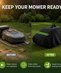 Heavy Duty Robot Lawn Mower Cover built for outdoor garage storage shown covering a mower for protection against weather.