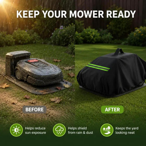 Heavy Duty Robot Lawn Mower Cover built for outdoor garage storage shown covering a mower for protection against weather.