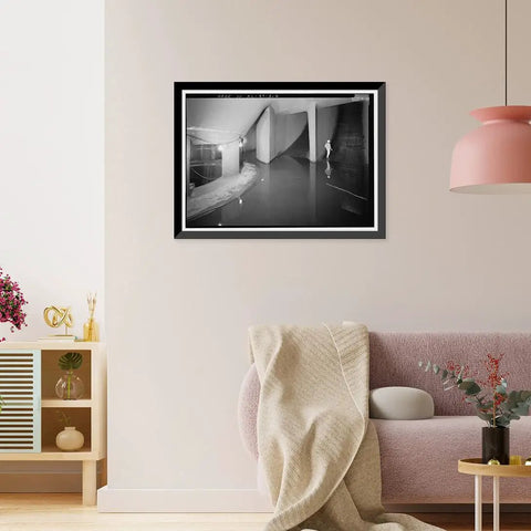 Vintage Framed Print Of Wilson Dam And Hydroelectric Plant With Turbine And Generator Spanning The Tennessee River In Muscle Shoals Alabama A Library Of Congress Archival Wall Art displayed on living room wall