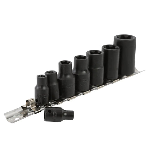 8 Piece External Impact Torx Plus Socket Set With Three Eighths Inch Drive Pro Grade Includes Bolt Extractors And Rail