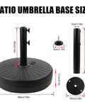 Heavy Duty Water Filled Round Umbrella Base With Steel Holder Built Tough 50 Lb Capacity Fillable Outdoor Patio Lawn Garden Stand Fits Most 6 To 10 Foot Umbrellas Weather Resistant HDPE With Black Stripes showing dimensions in centimeters and inches