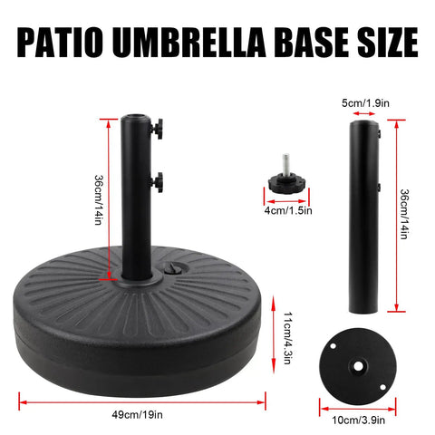 Heavy Duty Water Filled Round Umbrella Base With Steel Holder Built Tough 50 Lb Capacity Fillable Outdoor Patio Lawn Garden Stand Fits Most 6 To 10 Foot Umbrellas Weather Resistant HDPE With Black Stripes showing dimensions in centimeters and inches