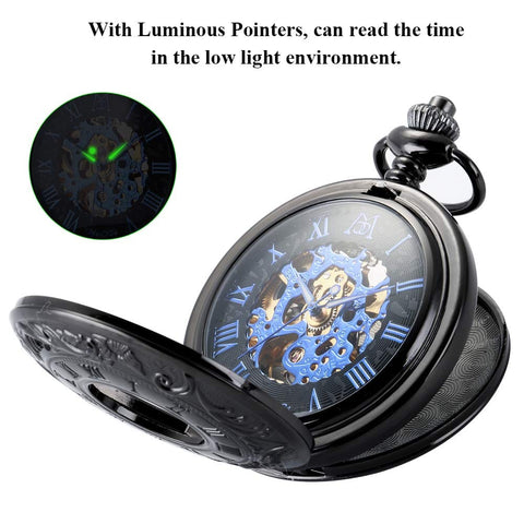 Mechanical Skeleton Pocket Watch With Roman Numerals Dial, Double Cover, Half Hunter, Box And Chain, Old School Vibe For Men And Women In Black Blue Gift Ready