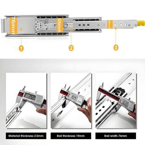 Beefy Heavy Duty 20 Inch Drawer Slides With Full Extension Ball Bearing Glides, measurements shown, 500 Pound Load Capacity