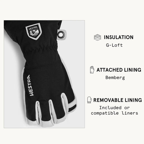 Close-up of Army Leather Heli Ski Glove showing logo and features for freeriders and mountain guides, black color.