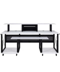 Front view of 72 Inch Music Desk Workstation With Crossed Metal Panels Keyboard Tray White Finish Wide Monitor Surface Central Shelf