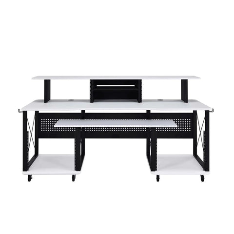 Front view of 72 Inch Music Desk Workstation With Crossed Metal Panels Keyboard Tray White Finish Wide Monitor Surface Central Shelf