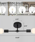Dual Light Bathroom Wall Sconce Vanity Fixture in Gold and Black Finish with bulb types and dimensions shown.