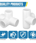 20 Pack 1/2 Inch Four Way PVC Fittings For DIY Furniture showing smooth surface, no yellowing or cracking, and durability symbols.
