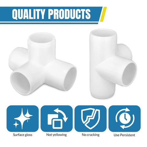 20 Pack 1/2 Inch Four Way PVC Fittings For DIY Furniture showing smooth surface, no yellowing or cracking, and durability symbols.
