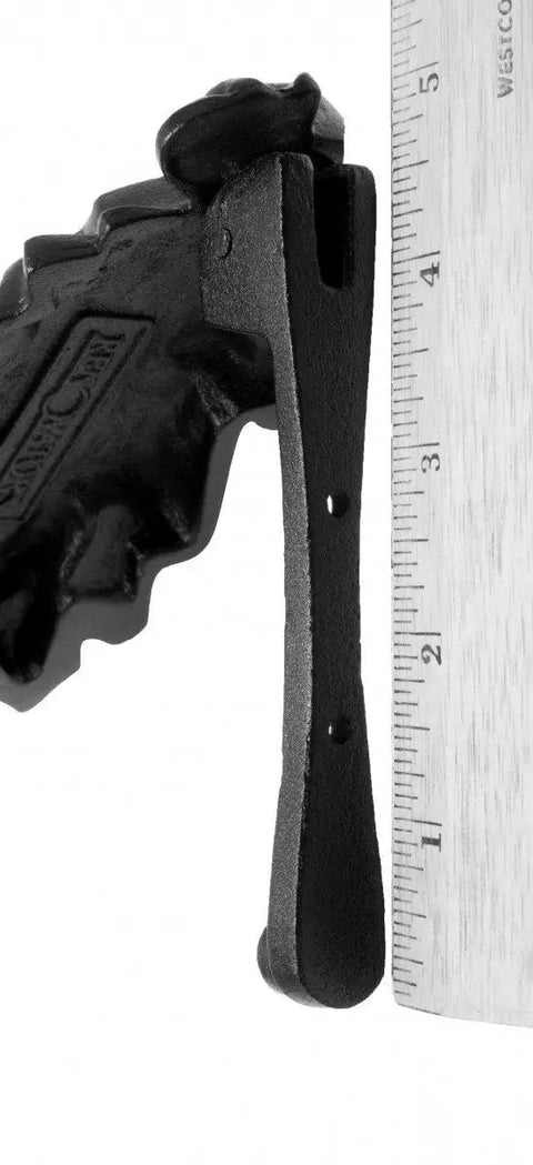 Side view of Oak Leaf Cast Iron Door Knocker Built Tough In Rustic 6 Inch Front Door Hardware With Rust-Resistant Powder Coat Finish.