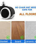 Five Piece Replacement Office Chair Wheels Set on multiple floor types including carpet, wood, and tile, no chair mat needed.
