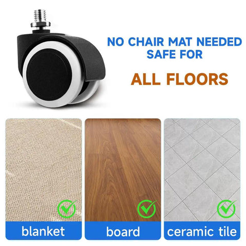 Five Piece Replacement Office Chair Wheels Set on multiple floor types including carpet, wood, and tile, no chair mat needed.
