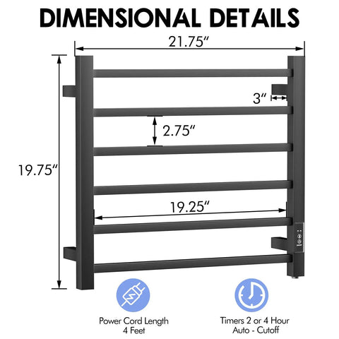 Towel Warmer Wall Mount Black 6 Bar Stainless Steel Heated Drying Rack for Bathroom dimensions and features shown