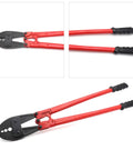 30 Inch Hand Swager Swaging Crimping Tool For Wire Rope Cable 5/32 Inch 1/4 Inch And 5/16 Inch Durable Forged Alloy Steel Heavy Duty Cutter And Crimper with red handles.