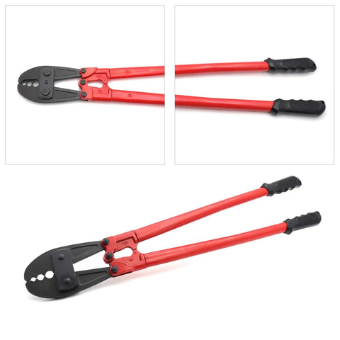 30 Inch Hand Swager Swaging Crimping Tool For Wire Rope Cable 5/32 Inch 1/4 Inch And 5/16 Inch Durable Forged Alloy Steel Heavy Duty Cutter And Crimper with red handles.
