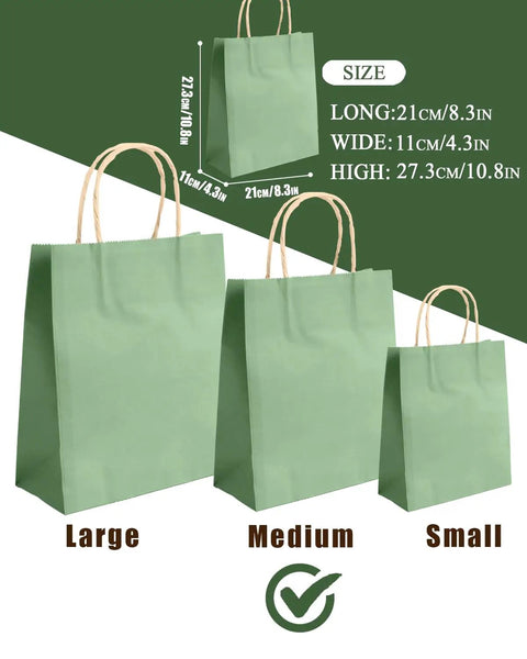 Three sizes of green paper bags with handles, measurements shown, part of 24 Pack Gift Bags With Handles Bulk 10.6 By 8.3 By 4.3 Inches Rainbow Multicolor Paper Bags For Parties Treats Durable And Party Ready Eco Friendly Sturdy Enough For Pastries Cookies.