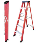 Heavy Duty 5 Step Fiberglass Ladder Foldable With Tool Tray Non Slip Wide Treads Rock Solid 330 Pound Load Capacity shown in upright and folded position.