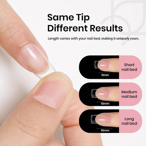 Gel Nail Extension Kit With Short Square Tips And Essentials showing nail bed variations and tip lengths, 11mm to 15mm