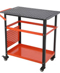 Side view of 36 Inch By 24 Inch Heavy Duty Steel Welding Table Workbench with 600 Lb Capacity, wheels, hooks, and shelves.