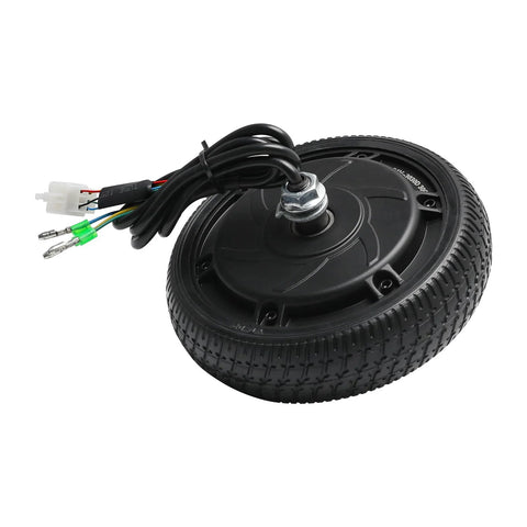 Front view of a 24V 250W brushless hub motor wheel with a 6.5-inch road tire and brake/controller wiring