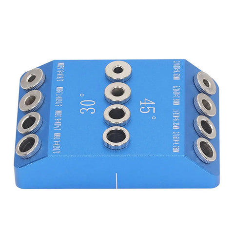 Top Shelf Aluminum Drill Guide Jig For Dead On 30 45 90 Degree Holes Rock Solid Multi Angle Woodworking Tool that Runs Like A Dream For Furniture Assembly, showing drill guide with angle markings.