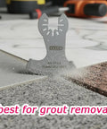 Diamond Grout Multitool Blade Set For Grout Removal, displaying blade in grout line, 2.3mm thick, fits 1/8 inch grout lines