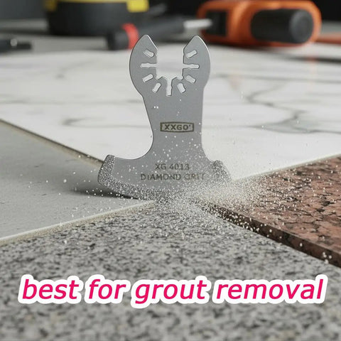 Diamond Grout Multitool Blade Set For Grout Removal, displaying blade in grout line, 2.3mm thick, fits 1/8 inch grout lines