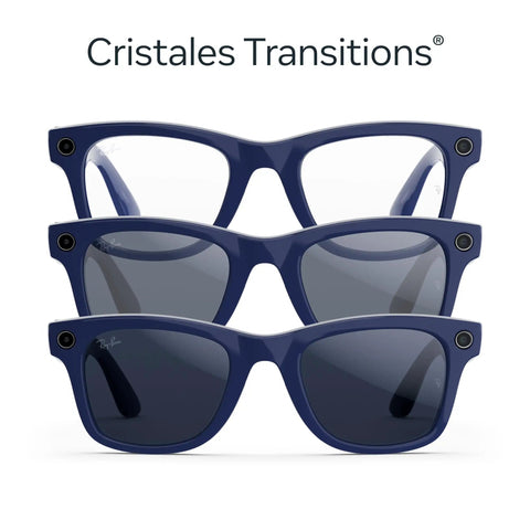 Cristales Transitions glasses showing three lens shades from clear to dark blue.