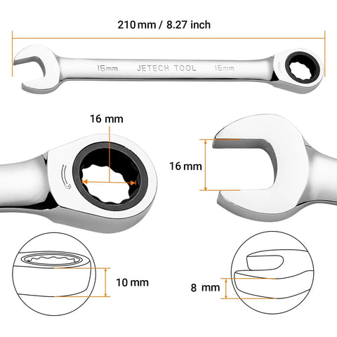 Heavy Duty 16mm Ratchet Wrench With 72 Tooth Mechanism, 12 Point Box End For Precise Torque, Chrome Vanadium Gear Spanner
