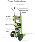 Top Tier Electric Stair Climbing Trolley Hand Truck With 1200W Brushless Motor For Lifting Heavy Luggage And Shopping Up Or Down Steps Without Breaking A Sweat In Green function diagram showing features like brushless motor and battery.