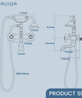 Wall Mount Bathtub Faucet With Telephone Handheld Sprayer, Dual Hot And Cold Mixer, cross handles, size diagram
