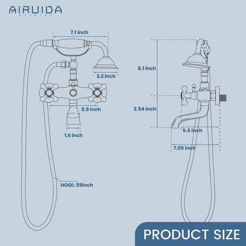 Wall Mount Bathtub Faucet With Telephone Handheld Sprayer, Dual Hot And Cold Mixer, cross handles, size diagram