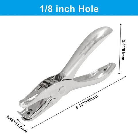 Small Circle Hole Punch 1/8 Inch 3mm Handheld Metal Puncher in aluminum, side view with dimensions for greeting cards and DIY paper crafts