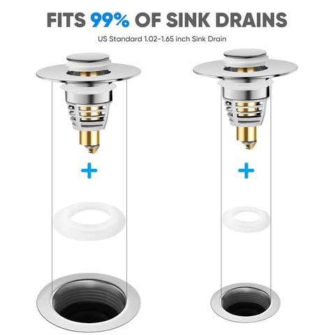 Universal Stainless Steel Bathroom Sink Stopper With Pop Up Drain Plug And Hair Catcher No Fuss Easy Install Chrome Finish Fits 1.02 To 1.65 Inch Drains Push Type Basin Strainer Hair Trap 2 Pack showing installation components and fit guide