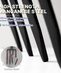 Close-up of high strength manganese steel tines with text, contrasting carbon steel, 4-Tine Spading Garden Fork With Steel Digging Tines.