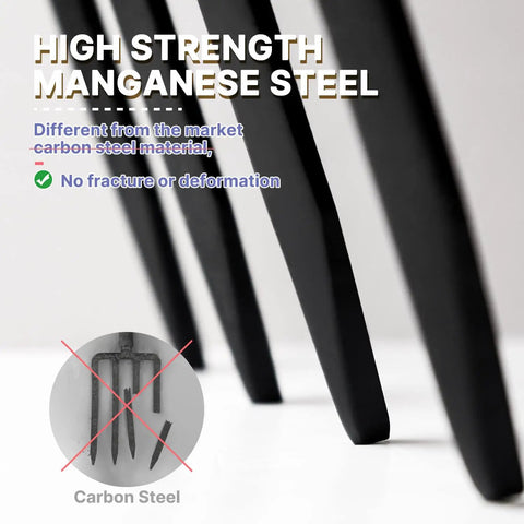 Close-up of high strength manganese steel tines with text, contrasting carbon steel, 4-Tine Spading Garden Fork With Steel Digging Tines.