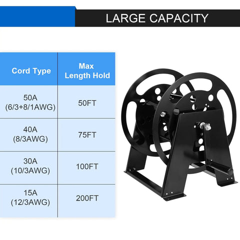 RV Extension Cord Reel Stand Up To 200 Feet Of 15A 12 3 AWG Heavy Duty Metal Reel Frame with capacity chart