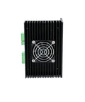Thinking Process: black aluminum stepper motor driver with cooling fan and green terminal blocks, front view