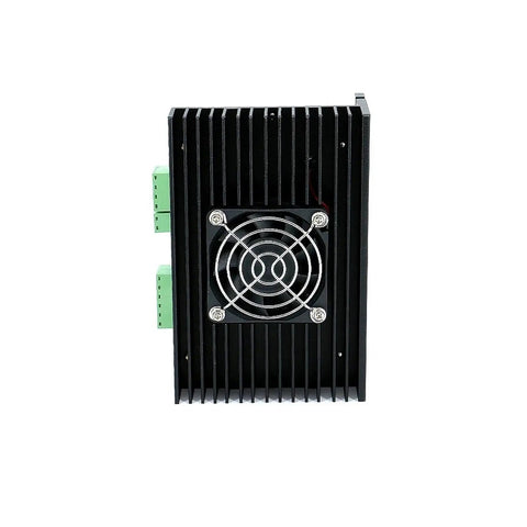Thinking Process: black aluminum stepper motor driver with cooling fan and green terminal blocks, front view