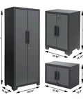 Nine Piece Steel Garage Cabinet Set With Locking Storage and Rolling Chest, featuring tall, base, and wall cabinets in black and grey.