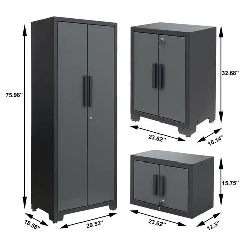 Nine Piece Steel Garage Cabinet Set With Locking Storage and Rolling Chest, featuring tall, base, and wall cabinets in black and grey.