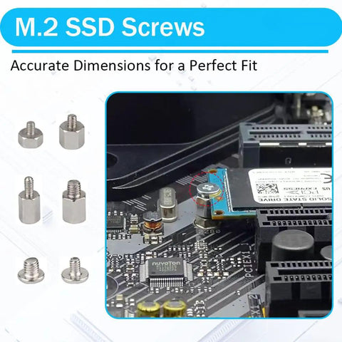 M.2 SSD screws including hexagonal and round types for secure mounting, part of Heavy Duty M2 Standoff And Screw Kit Compatible With Asus Gigabyte Asrock Msi Motherboards For Nvme Sata Hdd PC Cases Fans Psu Build Upgrades Gonna Last A Lifetime No Sweat Assembly.