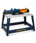 Built Like A Tank Benchtop Router Table With Steel Stand And Adjustable Fence Featuring Roomy Mdf Top For Precise Joinery Cuts Plus Integrated Dust Port And Full Accessory Kit, shown from side angle.