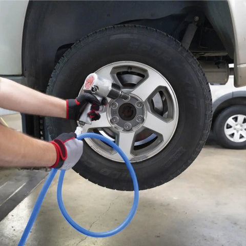 Lightweight Yet Durable Rubber Air Hose Three Eighths Inch By Fifty Feet, 300 PSI, used with tire inflator in garage