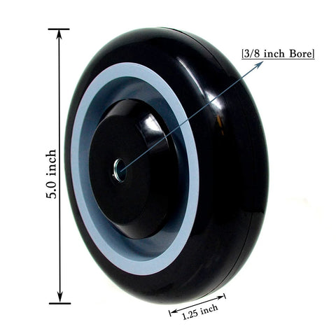 Heavy Duty Shopping Cart Wheels Set Five Inch Diameter One Point Two Five Inch Width Three Eighths Bore Polyurethane Wheel With Rust Resistant Core 1400 Pound Total Load Capacity Four Pack Black And Grey displayed at angle